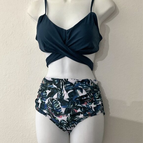 CRISS CROSS TROPICAL TWO-PIECE SEXY HIGH WAIST SWIMSUIT - Picture 6 of 12